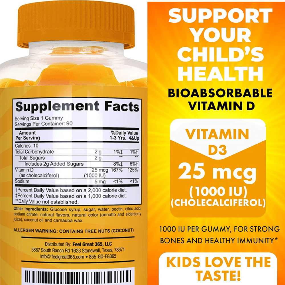 Feel Great Vitamin D3 for Kids, back label with Supplement Facts