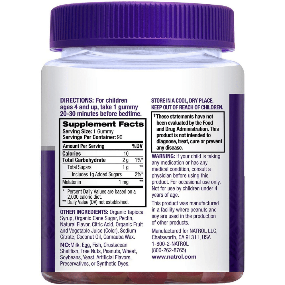 Natrol Kids' Sleep Gummies, back label with Supplement Facts