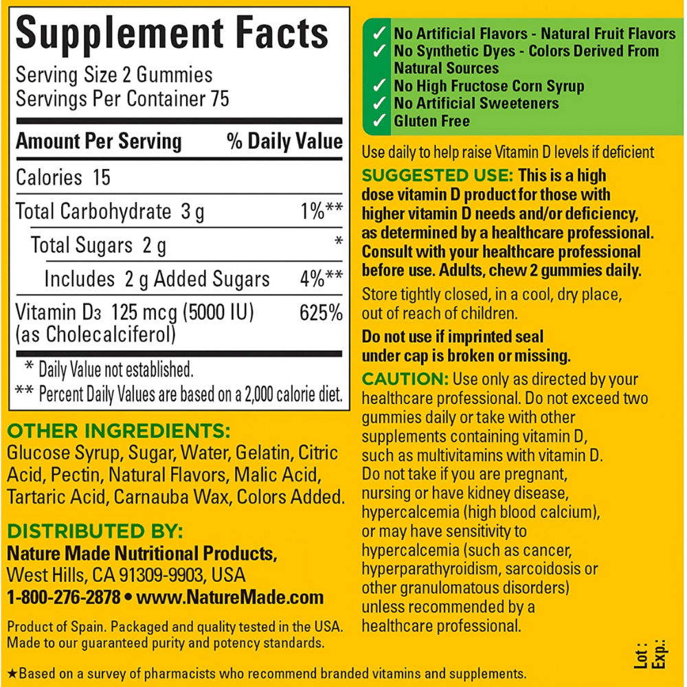 NatureMade Vitamin D3 Gummies, back label with Supplement Facts