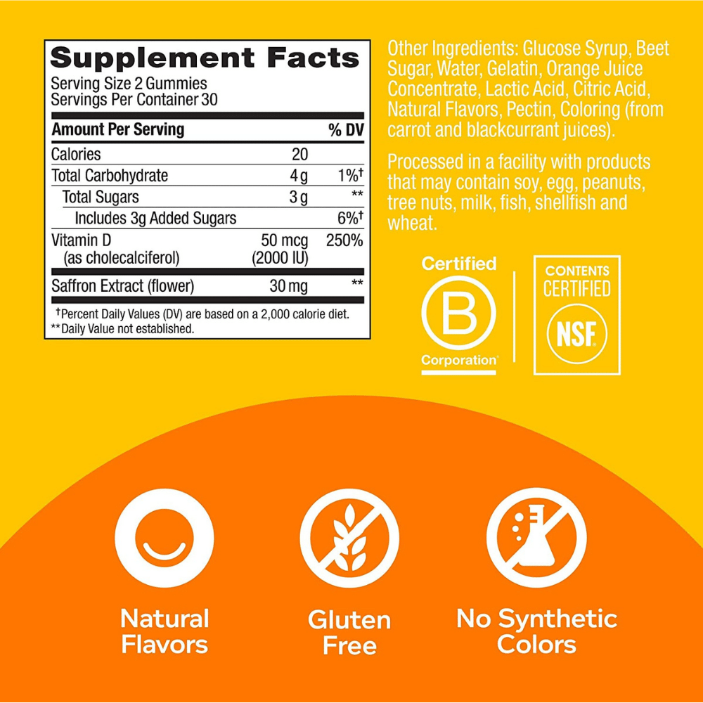 OLLY Vitamin D & Saffron, back label with Supplement Facts