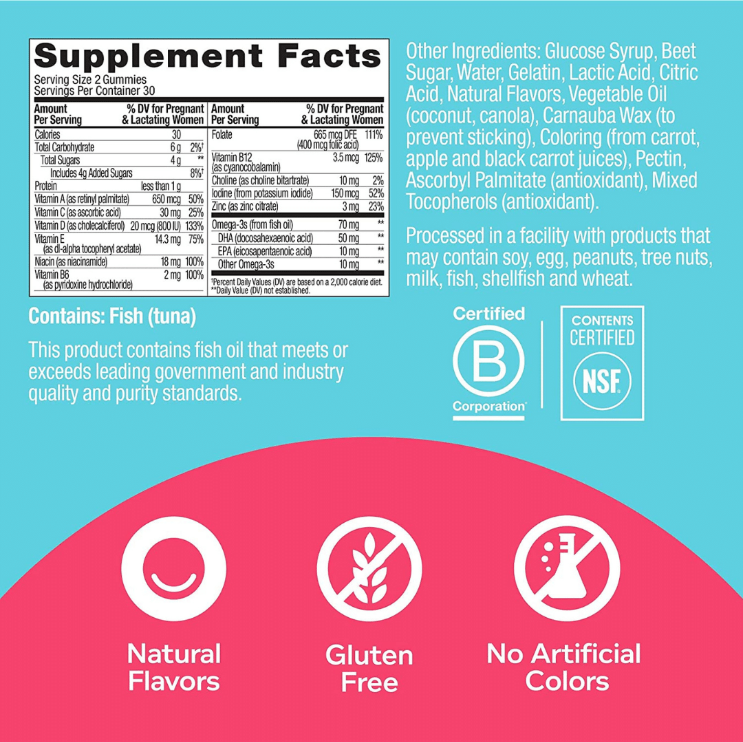 OLLY Prenatal Vitamins Gummy back label with Supplement Facts
