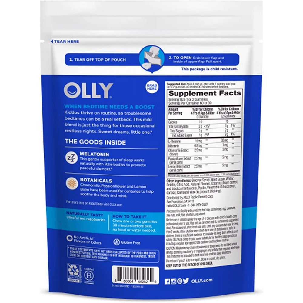 OLLY Kids Sleep Gummies, back label with Supplement Facts