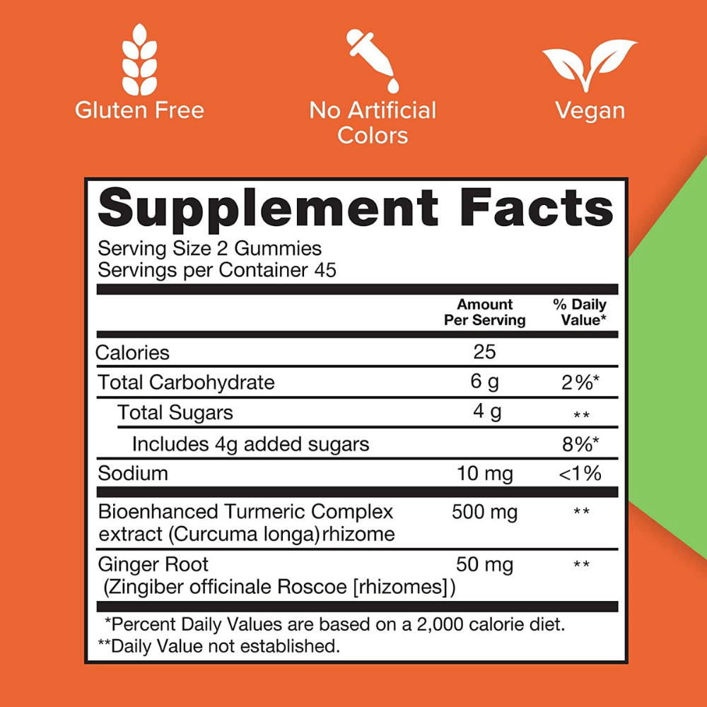 Qunol Turmeric Gummies, back label with Supplement Facts