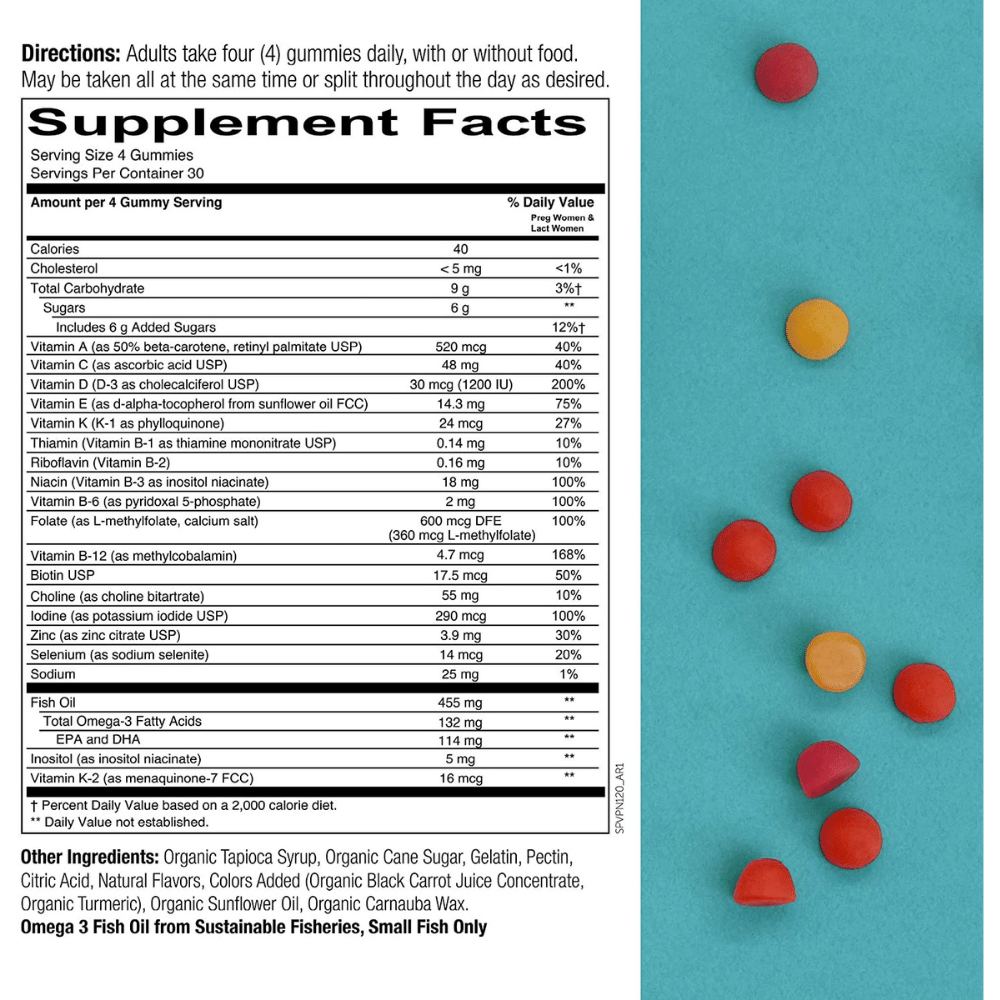Smarty Pants Prenatal Multivitamin Gummies, back label with Supplement Facts