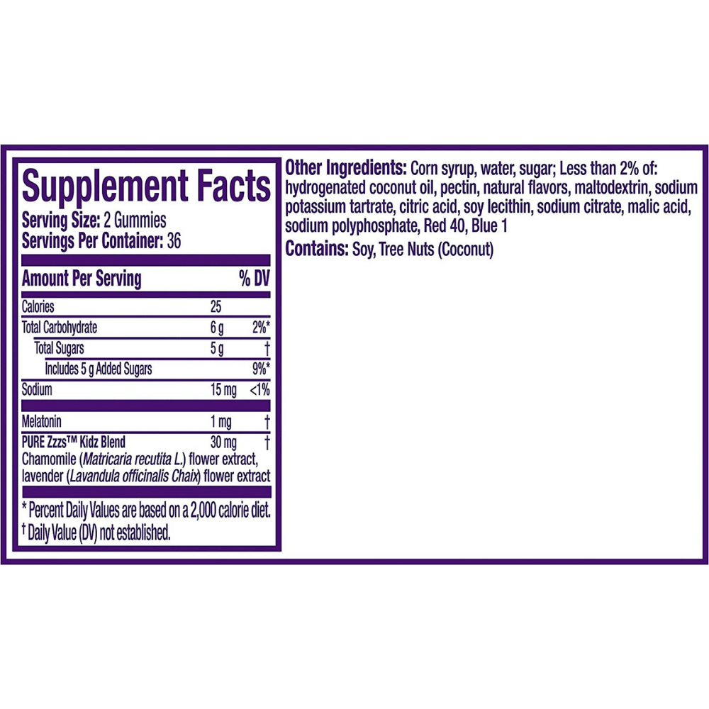 Vicks Kids Sleep Gummies, back label with Supplement Facts