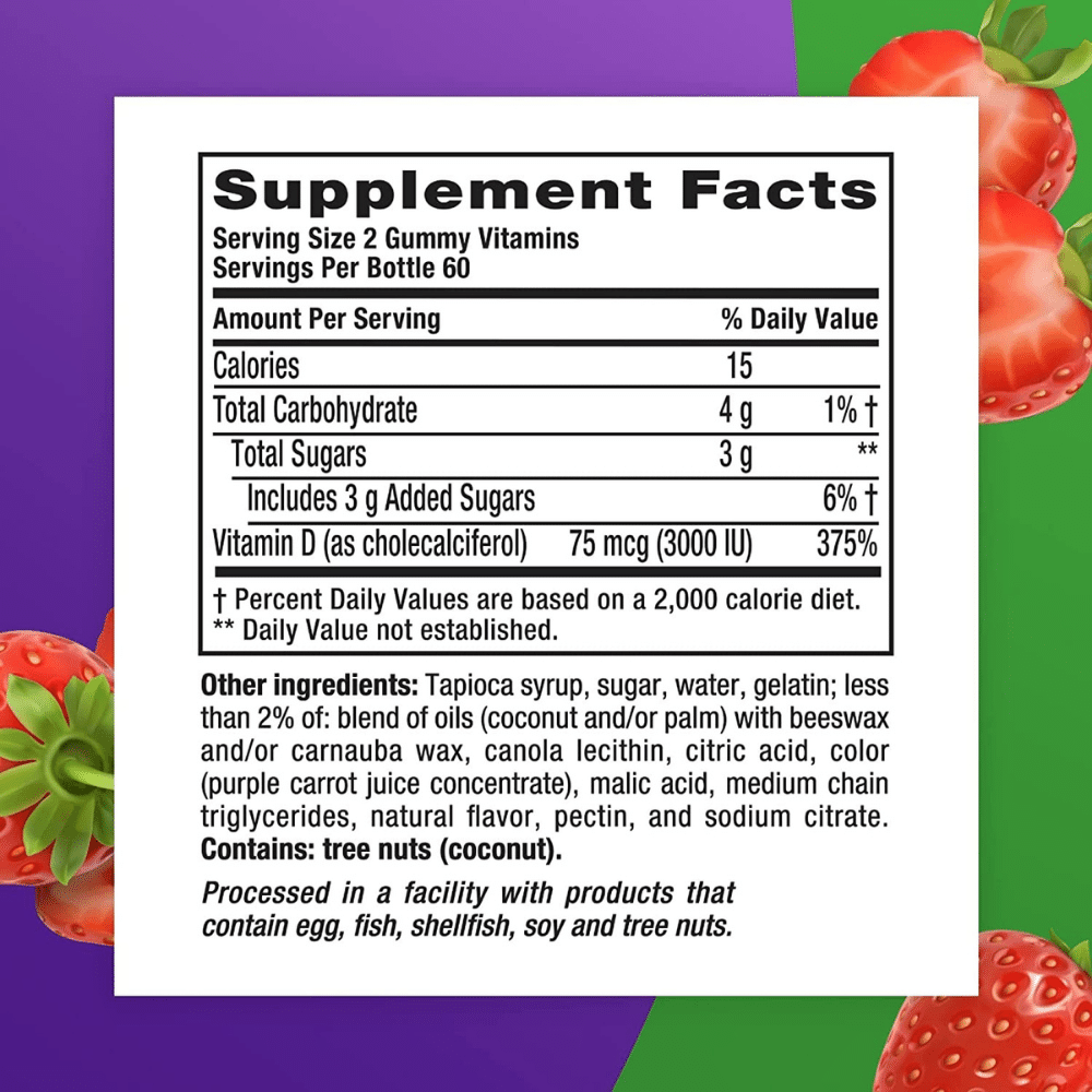 Vitafusion Vitamin D3 Gummies, back label with Supplement Facts