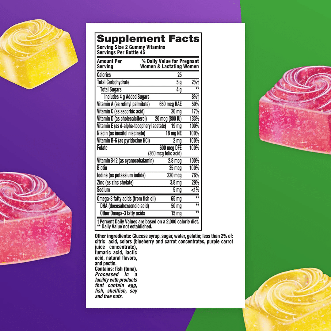 Vitafusion Prenatal Vitamins Gummy, back label with Supplement Facts