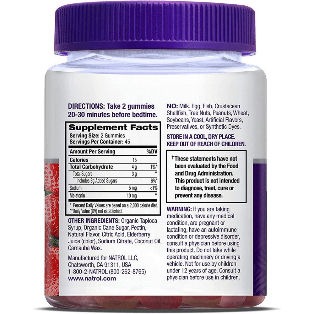 Natrol Melatonin Sleep Aid, back label with Supplement Facts