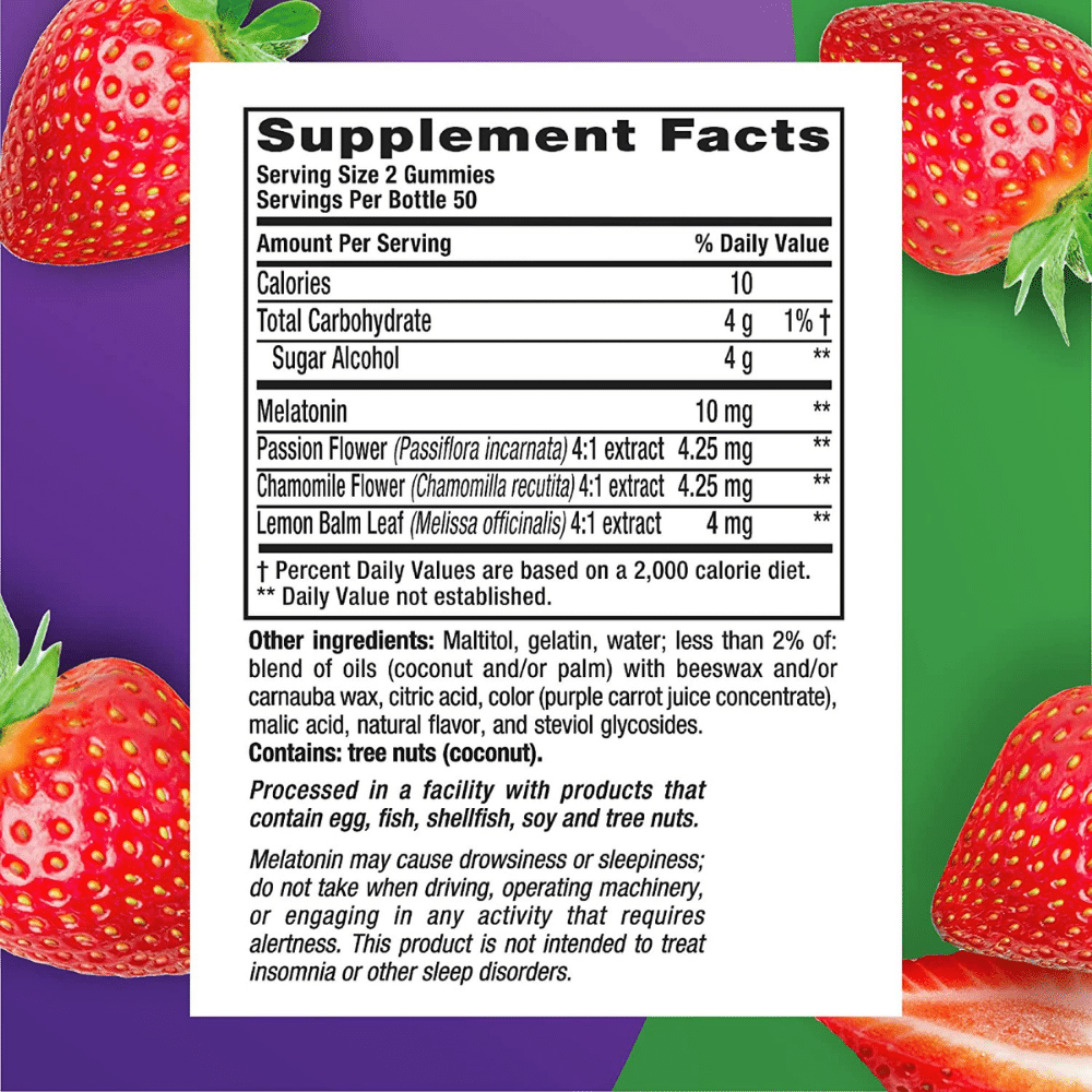 Vitafusion Melatonin Gummy, back label with Supplement Facts