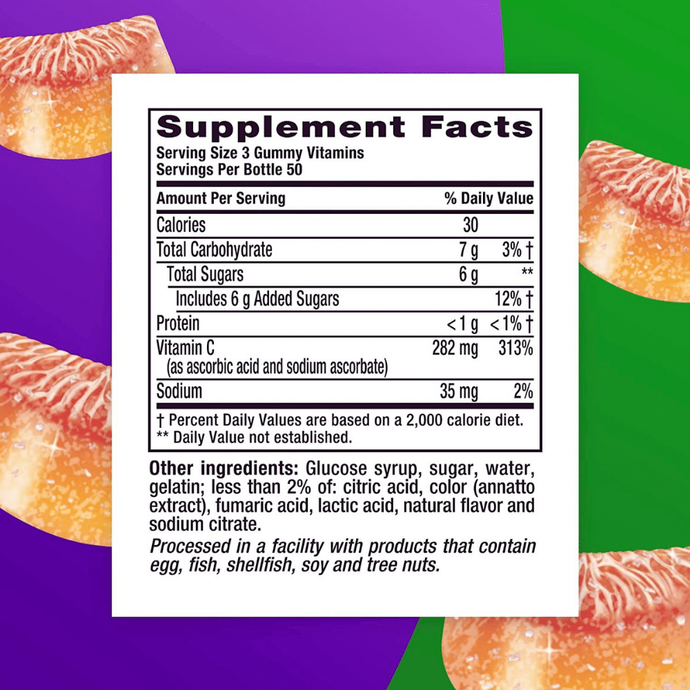 Vitafusion Power C Gummies, back label with Supplement Facts