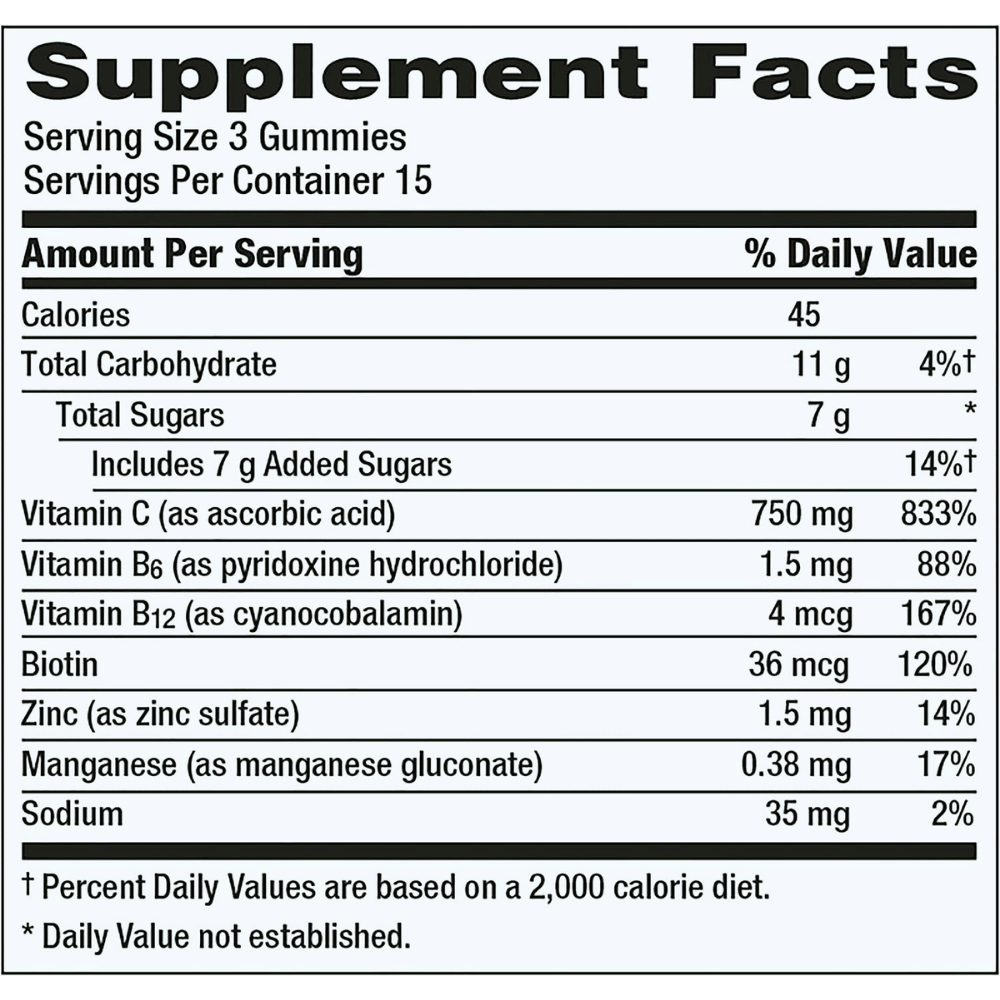 Emergen-C Gummies back label, with Supplement Facts info