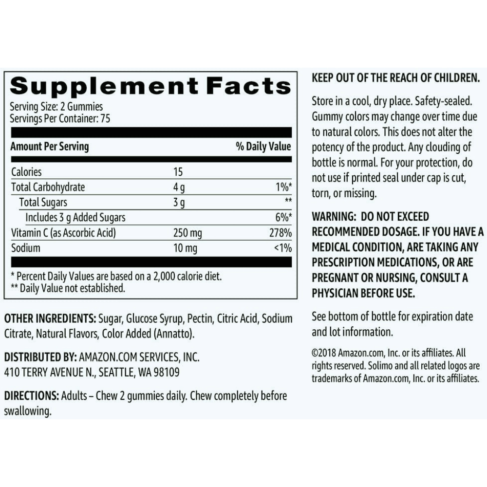 Solimo Vitamin C Gummies, back label with Supplement Facts