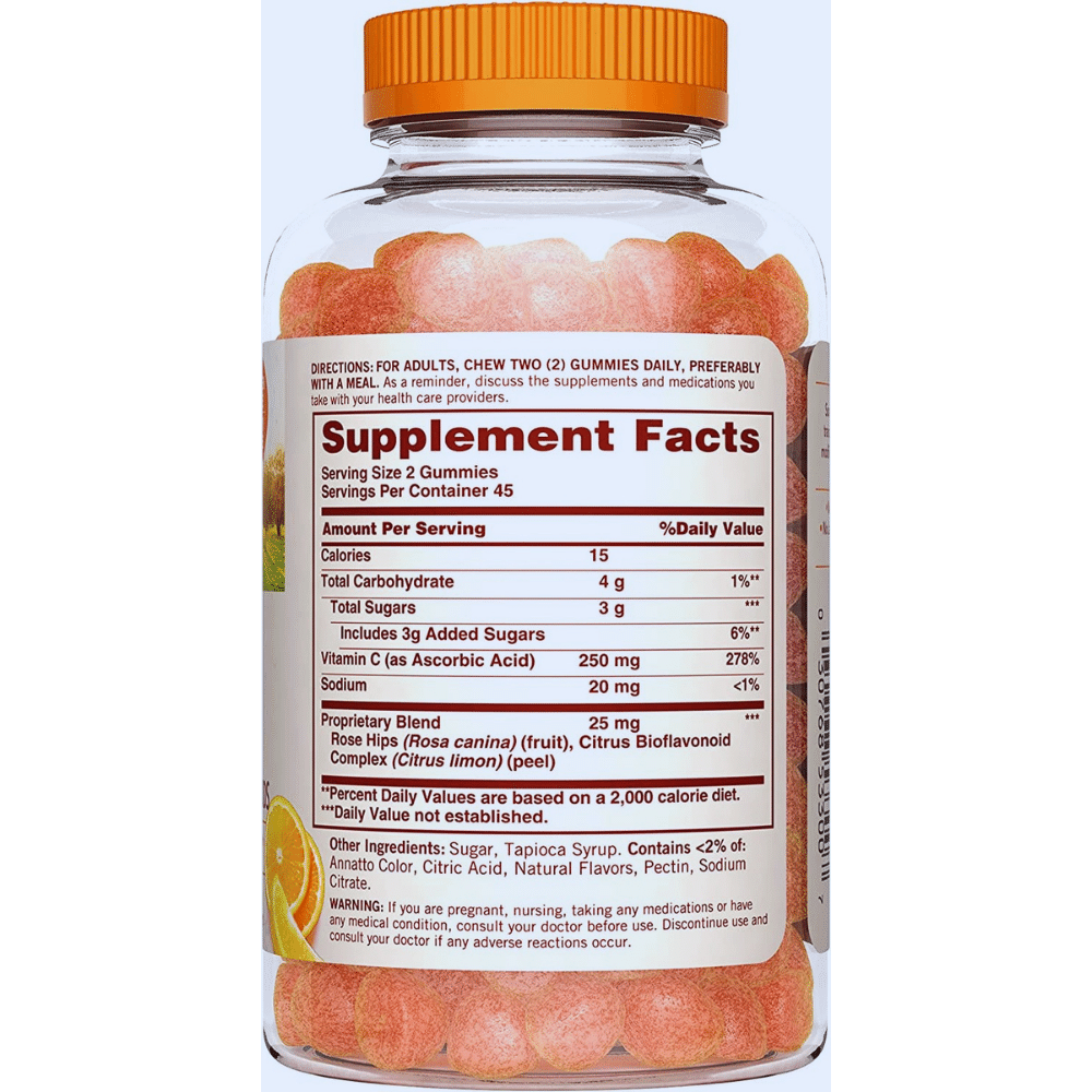 Sundown Vitamin-C Gummies, back label with Supplement Facts